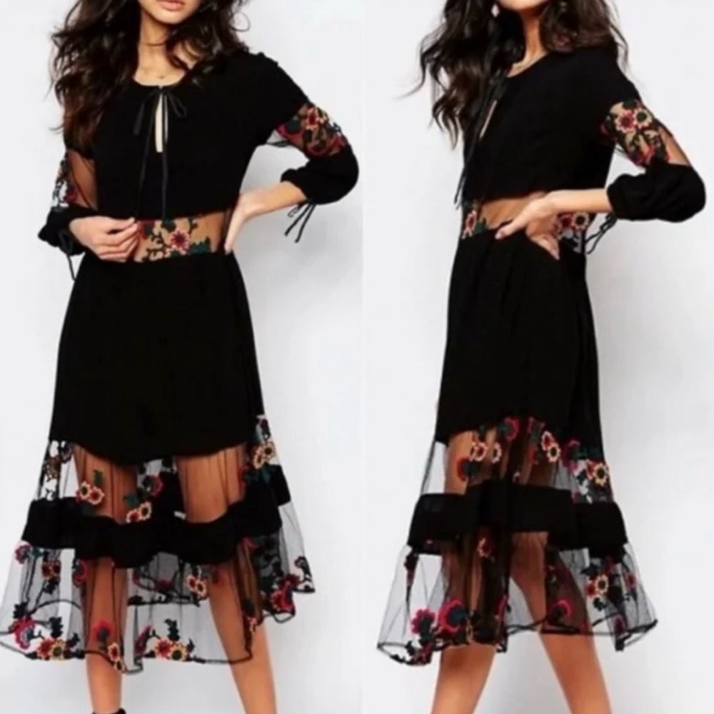 LOWEST PRICE NWOT For Love Lemons Small Black Embroidered Floral Boho Midi Dress